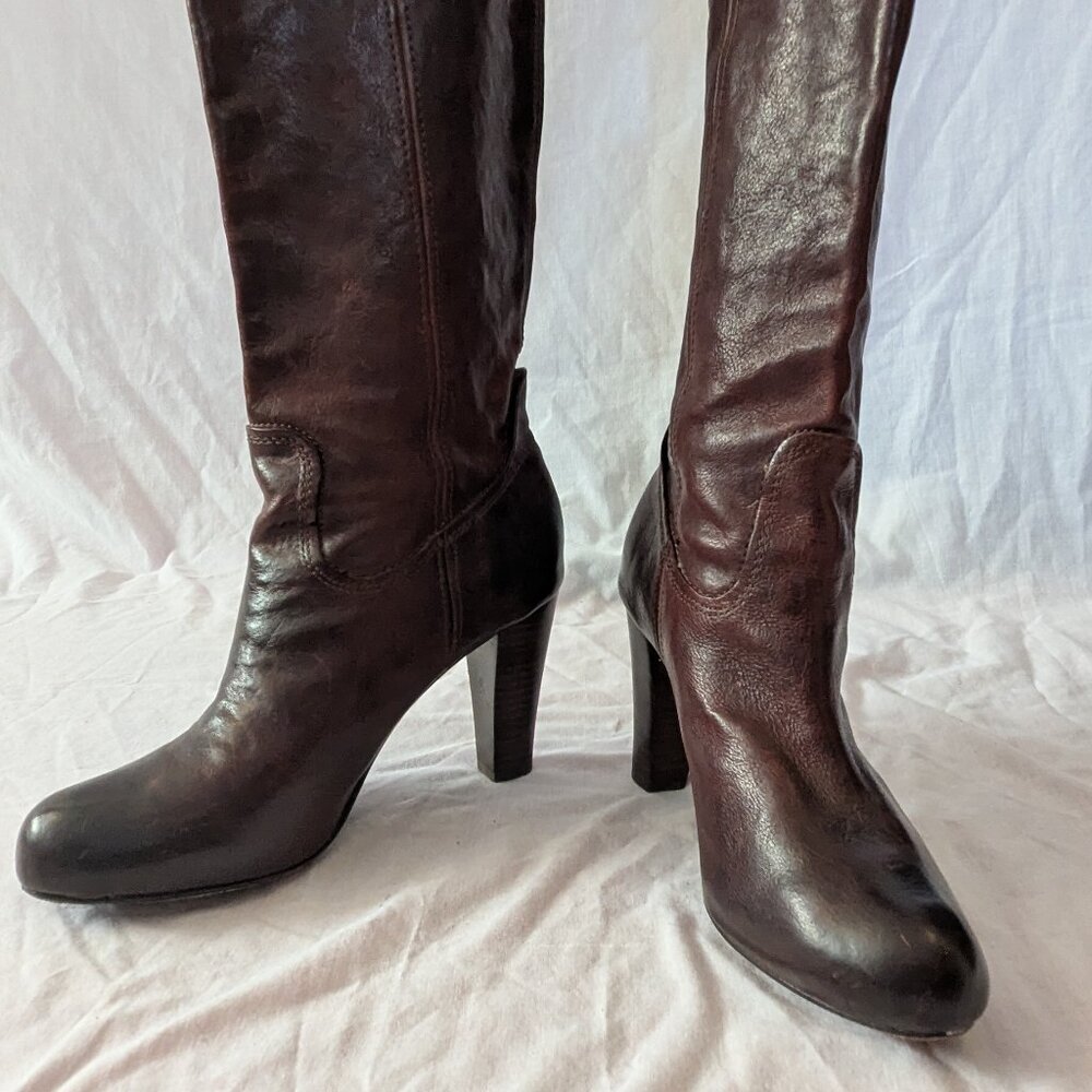 Frye "Miranda Stud Tall" dark brown knee-high heeled leather boots US 9.5 - Picture 1 of 7
